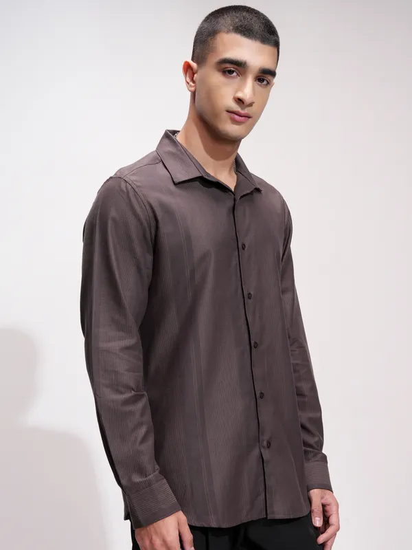 Highlander Men Brown Self Design Slim Fit Casual Shirt