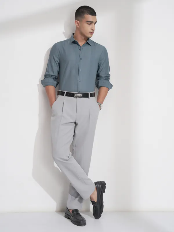 Highlander Men Teal Self Design Slim Fit Casual Shirt