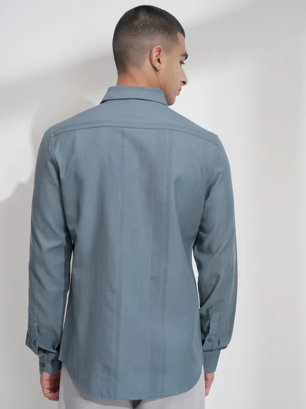 Highlander Men Teal Self Design Slim Fit Casual Shirt