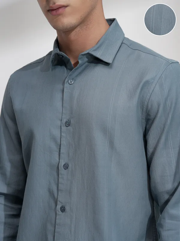 Highlander Men Teal Self Design Slim Fit Casual Shirt