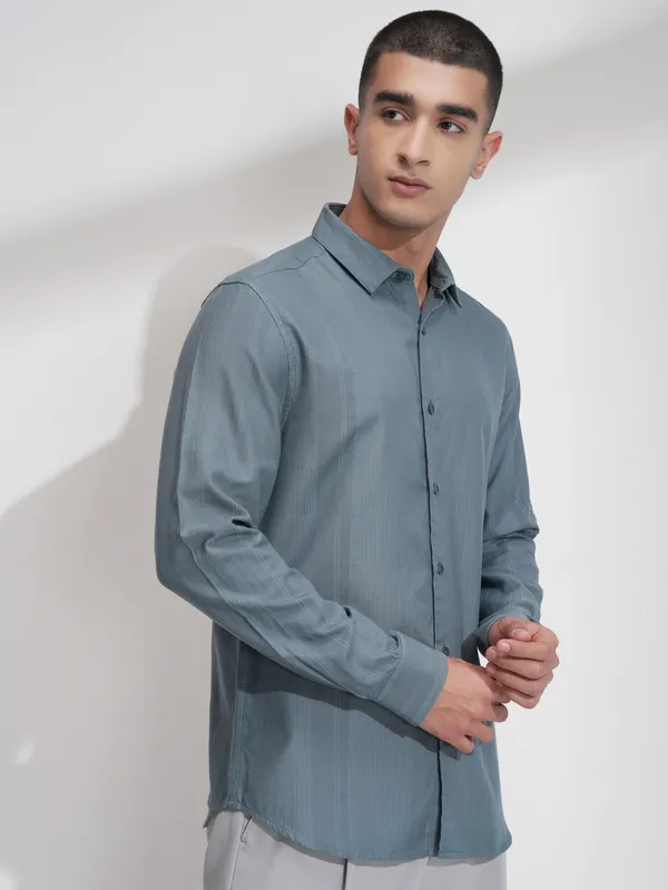 Highlander Men Teal Self Design Slim Fit Casual Shirt