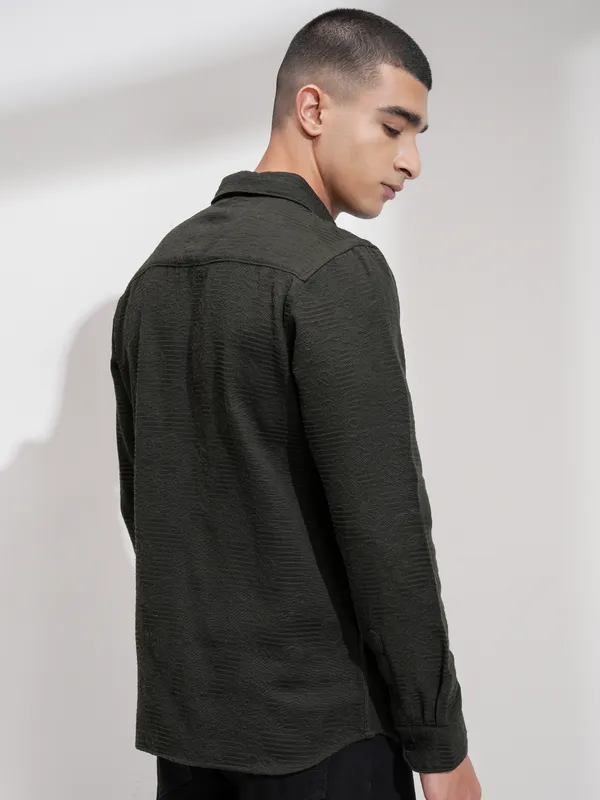 Highlander Men Olive Self Design Slim Fit Casual Shirt