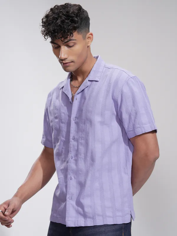 Highlander Men Lavender Striped Relaxed Fit Casual Shirt