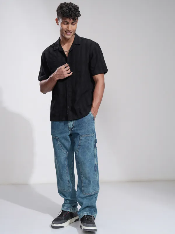 Highlander Men Black Striped Relaxed Fit Casual Shirt