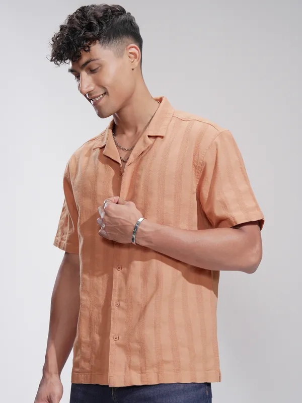 Highlander Men Rust Striped Relaxed Fit Casual Shirt