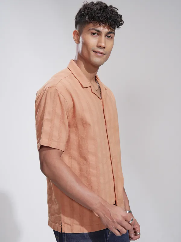 Highlander Men Rust Striped Relaxed Fit Casual Shirt