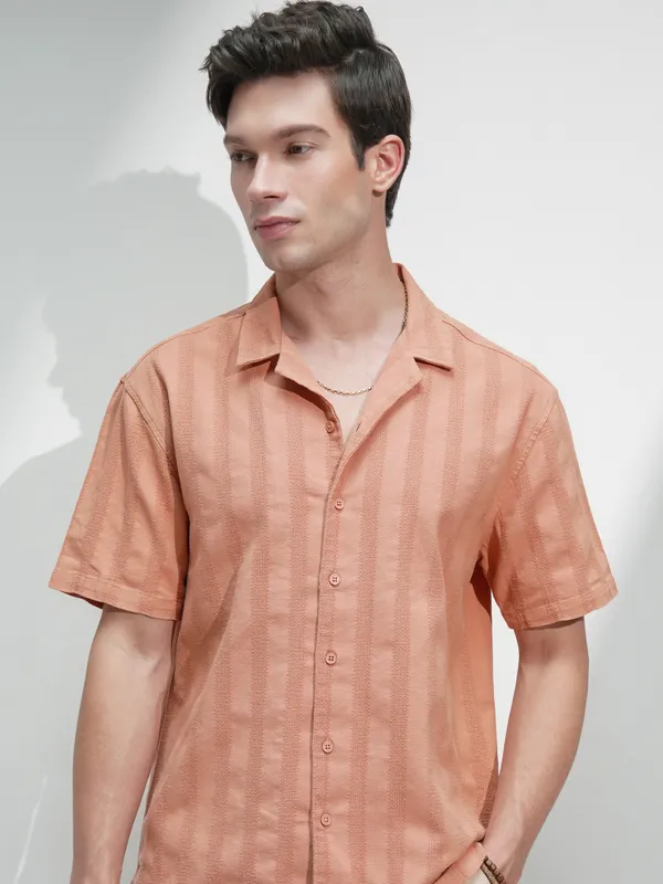 Highlander Men Rust Self Design Relaxed Fit Casual Shirt