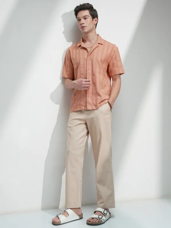 Highlander Men Rust Self Design Relaxed Fit Casual Shirt