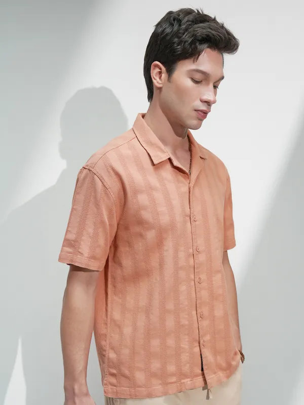 Highlander Men Rust Self Design Relaxed Fit Casual Shirt