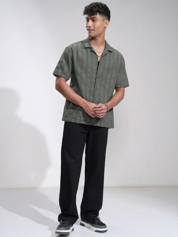 Highlander Men Olive Striped Relaxed Fit Casual Shirt
