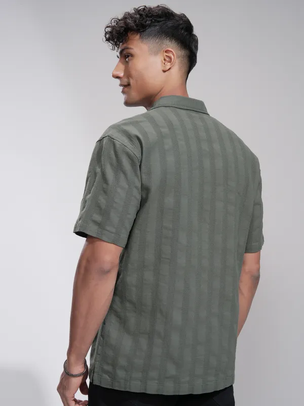 Highlander Men Olive Striped Relaxed Fit Casual Shirt