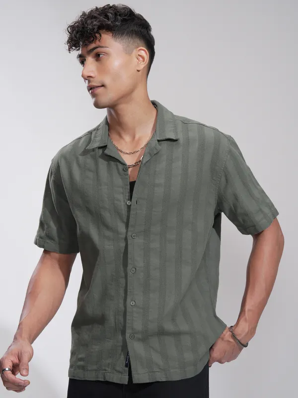 Highlander Men Olive Striped Relaxed Fit Casual Shirt