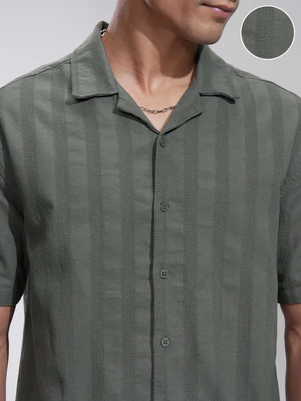 Highlander Men Olive Striped Relaxed Fit Casual Shirt