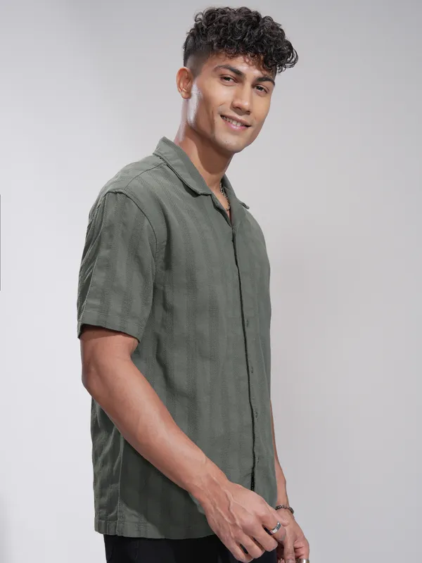 Highlander Men Olive Striped Relaxed Fit Casual Shirt
