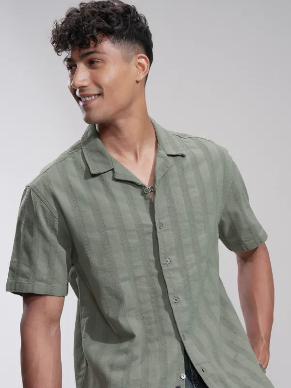 Highlander Men Olive Striped Relaxed Fit Casual Shirt
