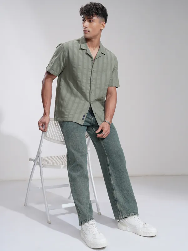 Highlander Men Olive Striped Relaxed Fit Casual Shirt