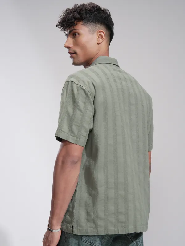 Highlander Men Olive Striped Relaxed Fit Casual Shirt