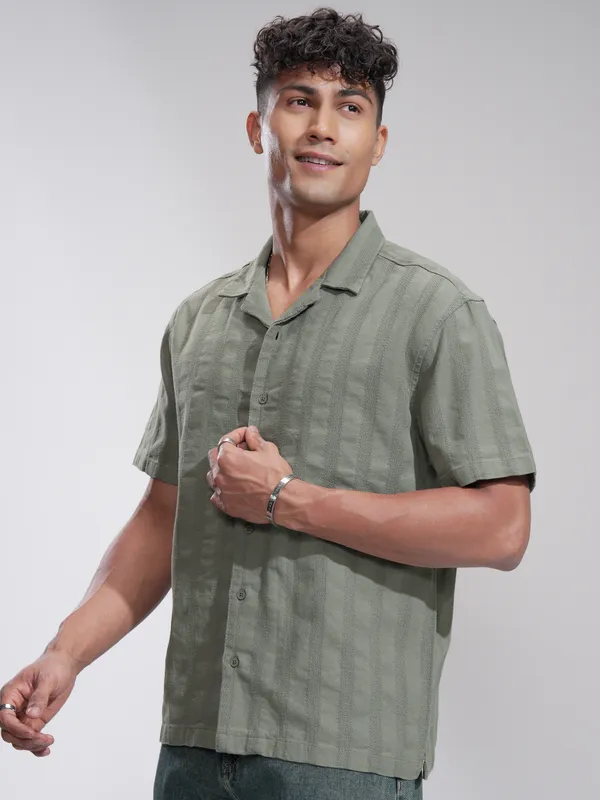 Highlander Men Olive Striped Relaxed Fit Casual Shirt