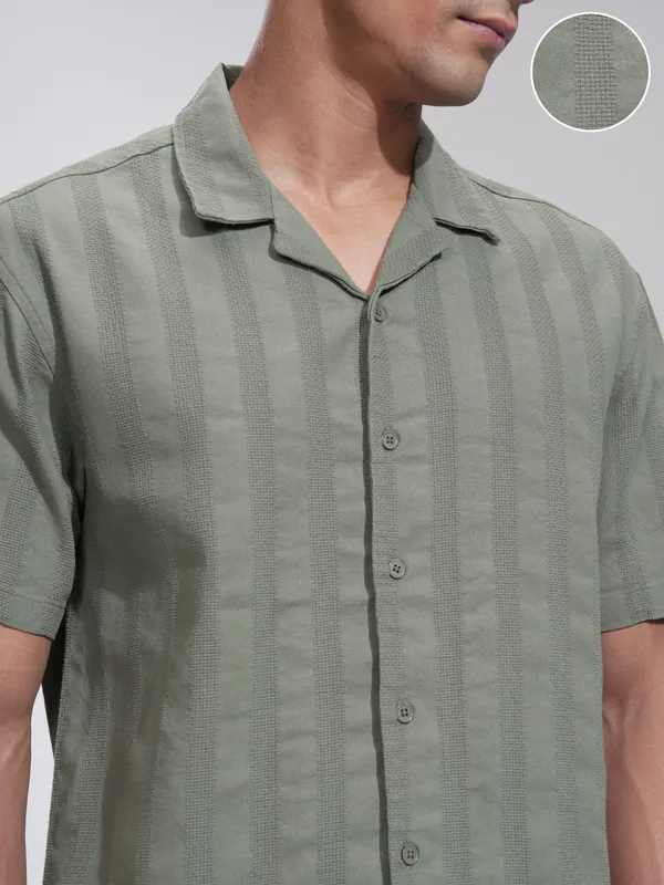 Highlander Men Olive Striped Relaxed Fit Casual Shirt