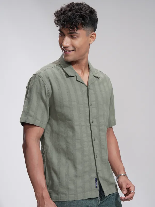 Highlander Men Olive Striped Relaxed Fit Casual Shirt