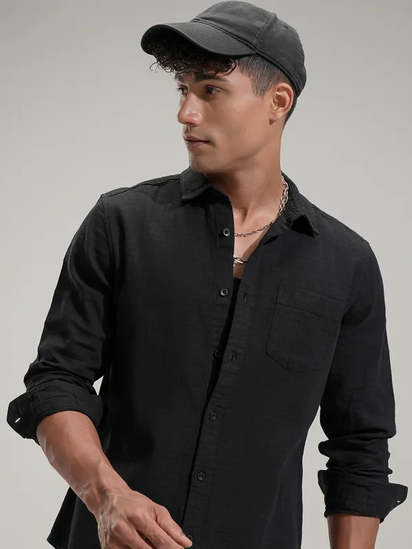 Highlander Men Black Self Design Slim Fit Casual Shirt