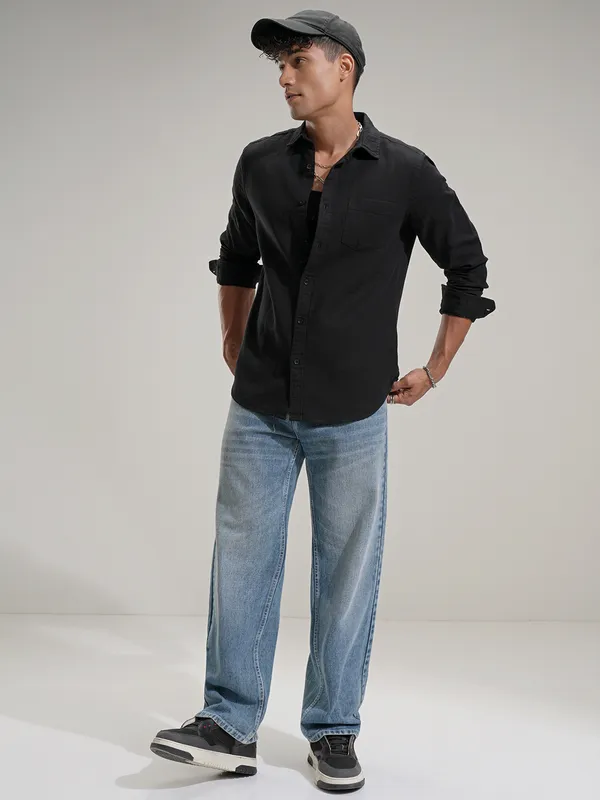 Highlander Men Black Self Design Slim Fit Casual Shirt