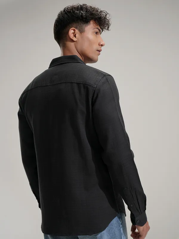 Highlander Men Black Self Design Slim Fit Casual Shirt