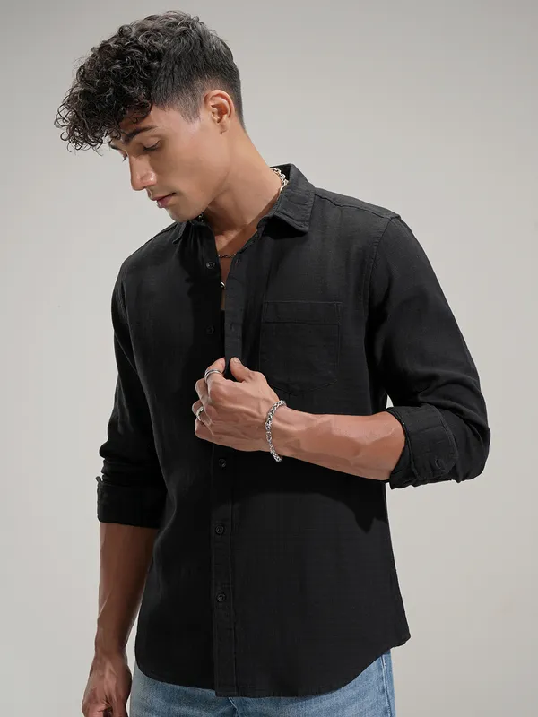 Highlander Men Black Self Design Slim Fit Casual Shirt