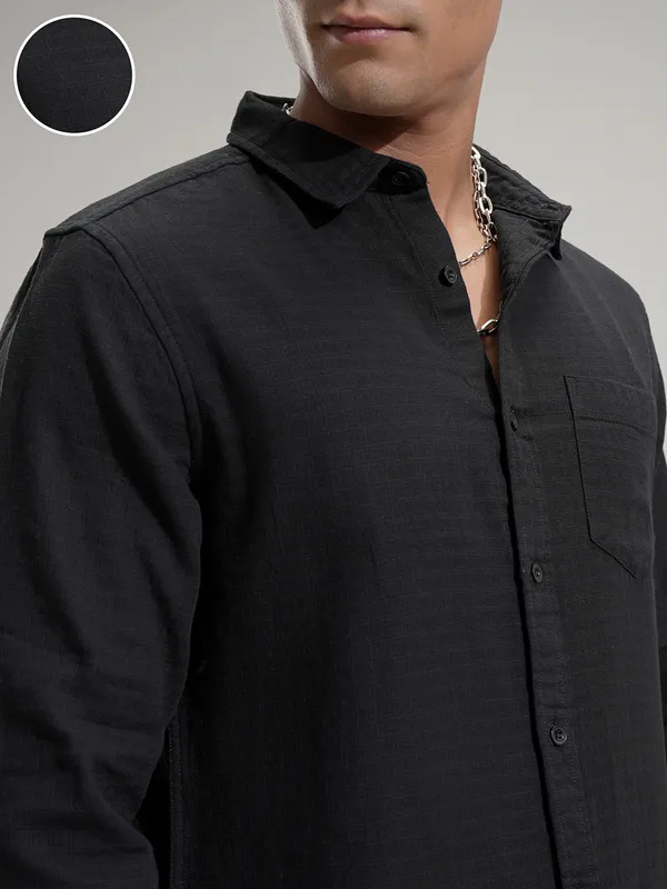Highlander Men Black Self Design Slim Fit Casual Shirt