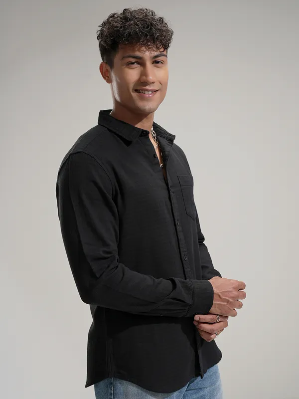 Highlander Men Black Self Design Slim Fit Casual Shirt