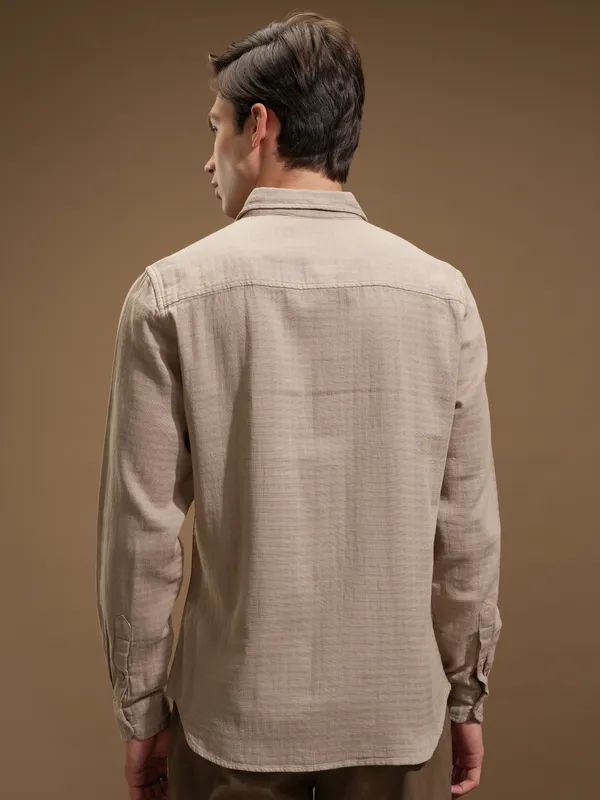 Highlander Men Beige Self Design Slim Fit Casual Shirt
