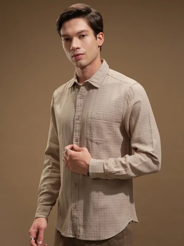 Highlander Men Beige Self Design Slim Fit Casual Shirt