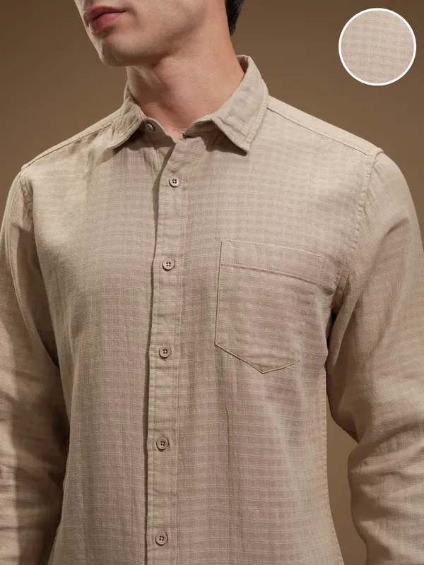 Highlander Men Beige Self Design Slim Fit Casual Shirt