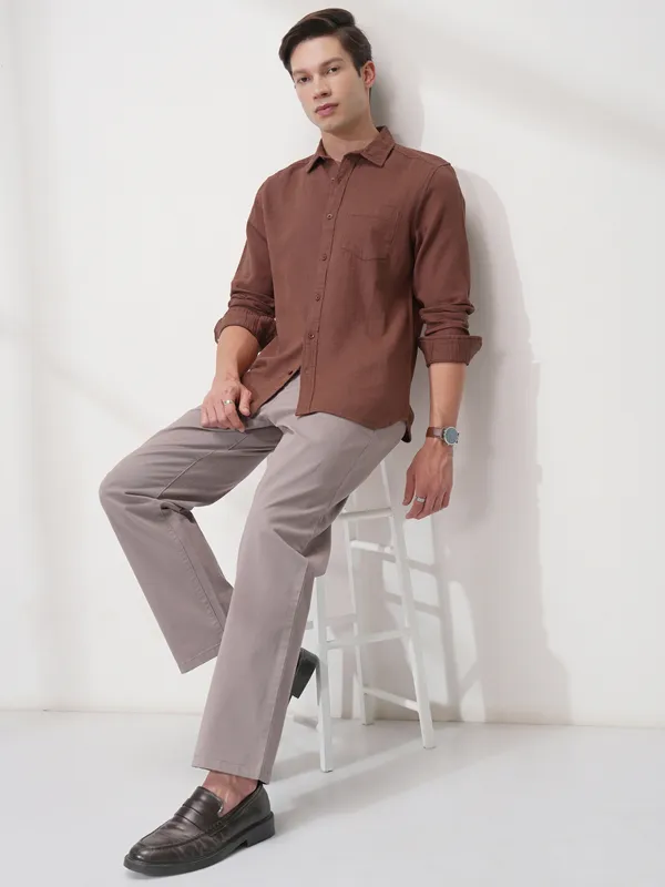 Highlander Men Brown Self Design Slim Fit Casual Shirt