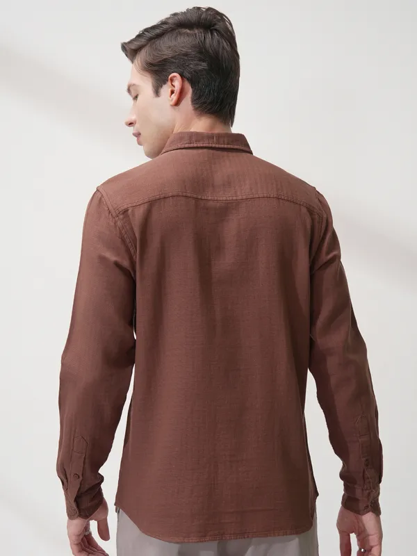 Highlander Men Brown Self Design Slim Fit Casual Shirt