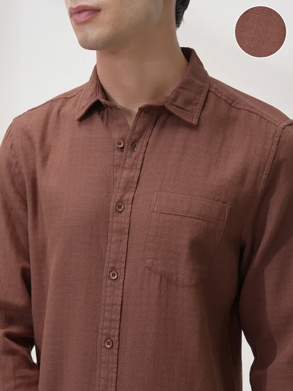 Highlander Men Brown Self Design Slim Fit Casual Shirt