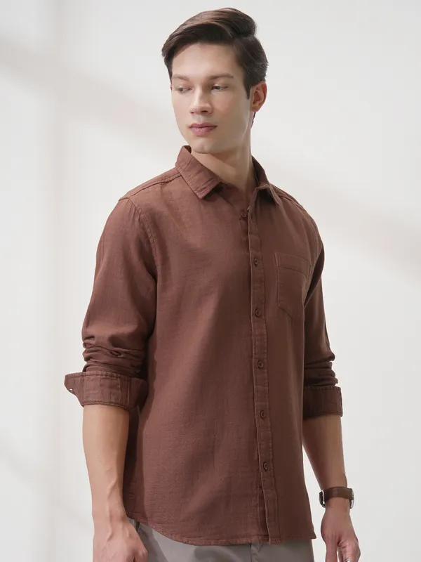 Highlander Men Brown Self Design Slim Fit Casual Shirt