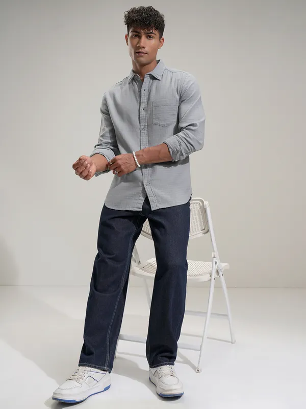 Highlander Men Grey Self Design Slim Fit Casual Shirt