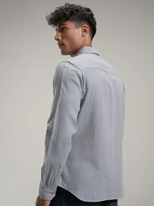 Highlander Men Grey Self Design Slim Fit Casual Shirt