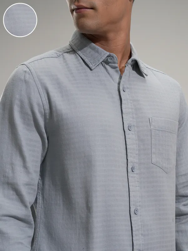 Highlander Men Grey Self Design Slim Fit Casual Shirt