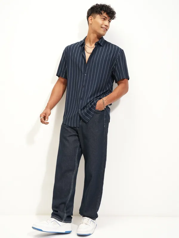 Highlander Men Blue Striped Relaxed Fit Casual Shirt