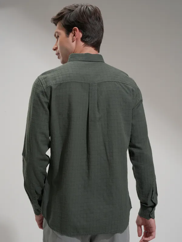 Highlander Men Olive Checked Slim Fit Casual Shirt