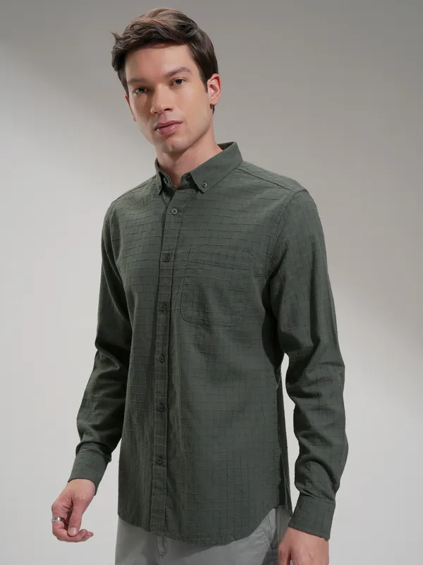 Highlander Men Olive Checked Slim Fit Casual Shirt