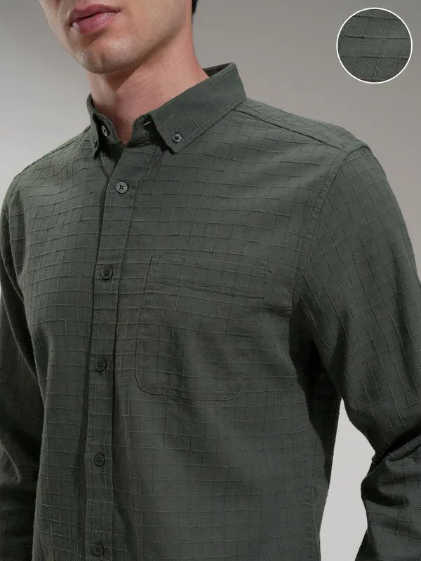 Highlander Men Olive Checked Slim Fit Casual Shirt