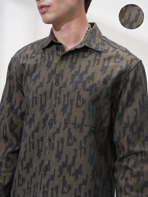 Highlander Men Olive Printed Relaxed Fit Casual Shirt