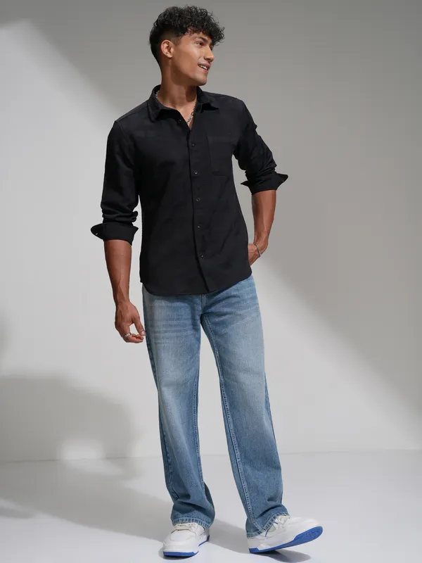 Highlander Men Black Slim Fit Self Design Casual Shirt