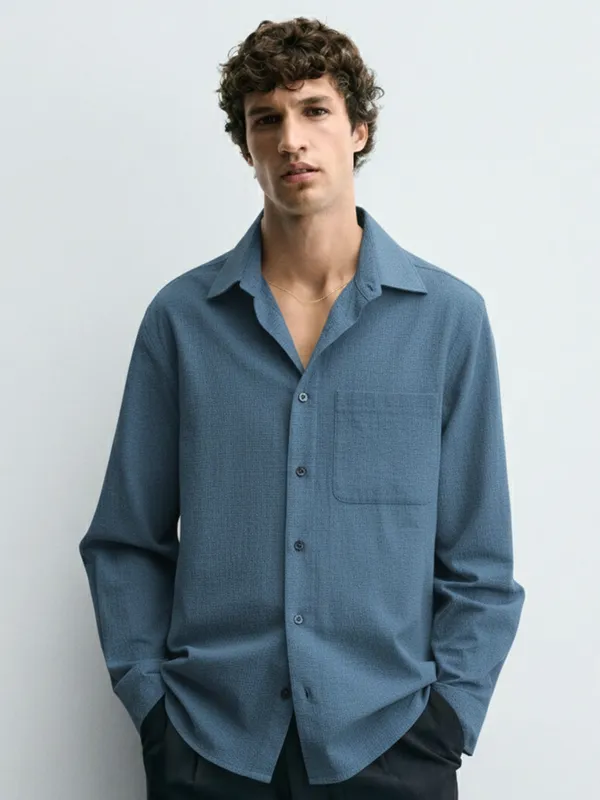 Highlander Men Navy Blue Self Design Slim Fit Casual Shirt