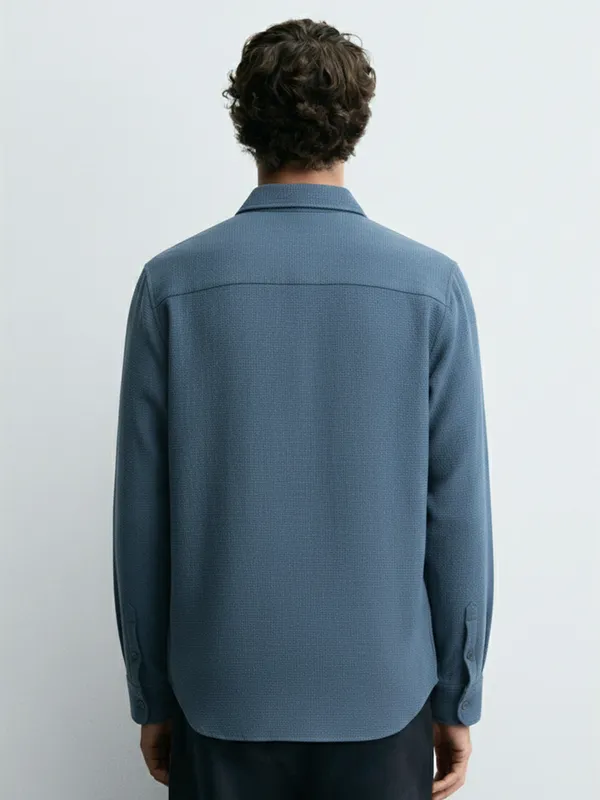 Highlander Men Navy Blue Self Design Slim Fit Casual Shirt