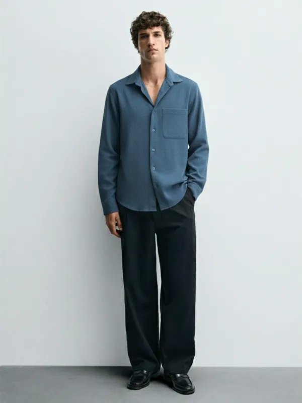 Highlander Men Navy Blue Self Design Slim Fit Casual Shirt