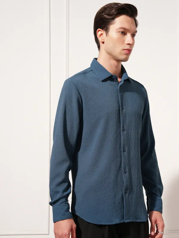 Highlander Men Navy Blue Self Design Slim Fit Casual Shirt